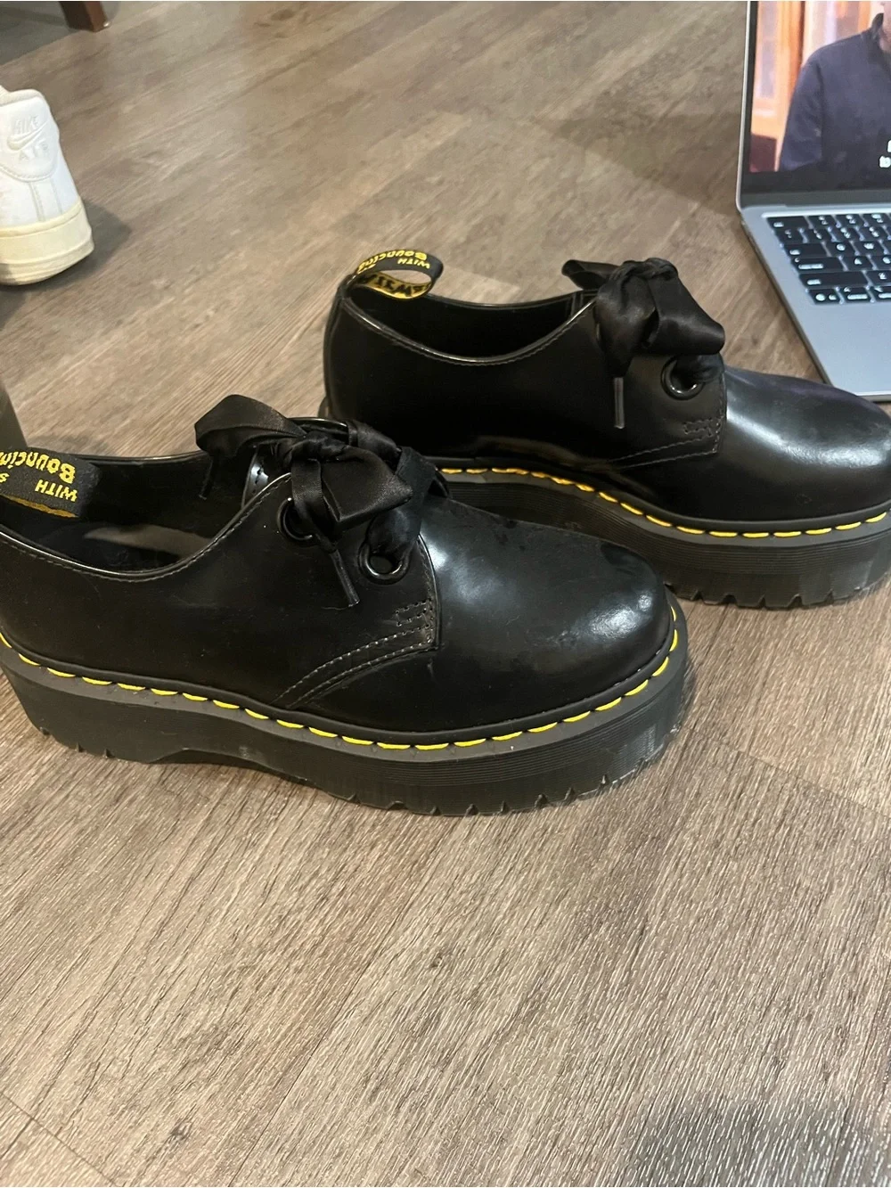 Black  Dr. Martens Holl Platform with Black ribbon Lace-Up Shoes with Yellow Sti